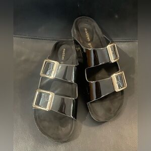 Madden Girl Black Patent Sandals with Gold Buckles